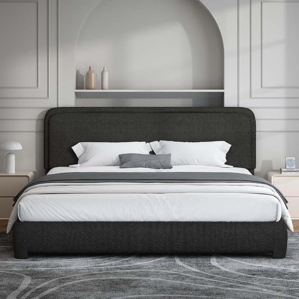 BarnFurin King Size Boucle Bed Frame and Headboard, Cloud Upholstered Platform Bed Frame, Soft Rounded Corners, No Box Spring Required, Non-Slip and Noise-Free, Easy Assembly, Black