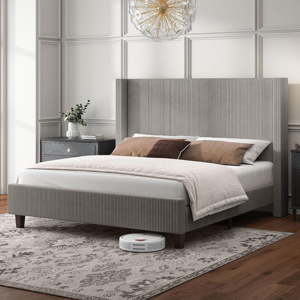 HOWE Queen Size Bed Frame with 50.8' Tall Wingback Headboard, Modern Corduroy Upholstered Platform Bed Frame with Solid Wood Slats & Legs, No Box Spring Needed, Noise-Reducing Design, Taupe