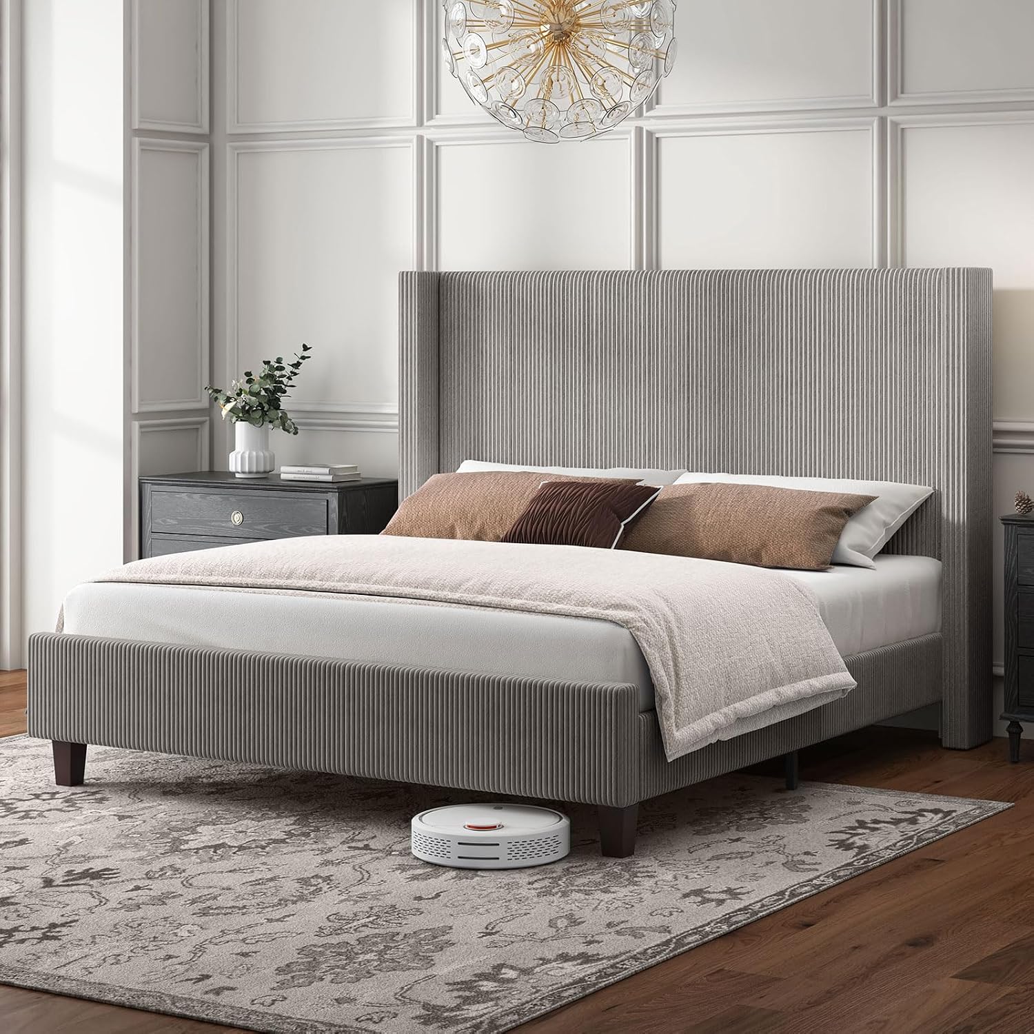 HOWE King Size Bed Frame with 50.8' Tall Wingback Headboard, Modern Corduroy Upholstered Platform Bed Frame with Solid Wood Slats & Legs, No Box Spring Needed, Noise-Reducing Design, Taupe