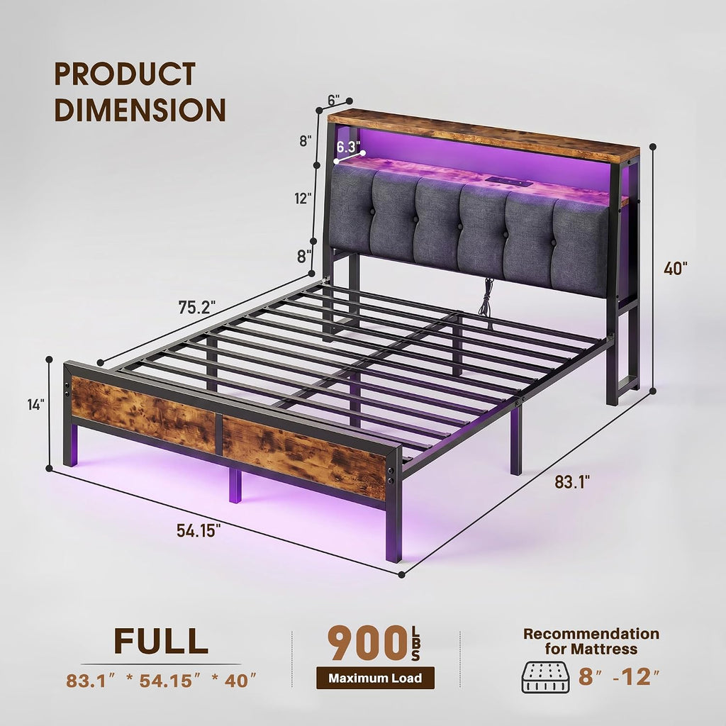 Full Size Bed Frame with Charging Station,Bed Frame Full Size with LED Linghts Have Upholstered Storage Headboard and 12' Under-Bed Storage, Providing Noise-Free and No-Sliding Support,Vintage Brown