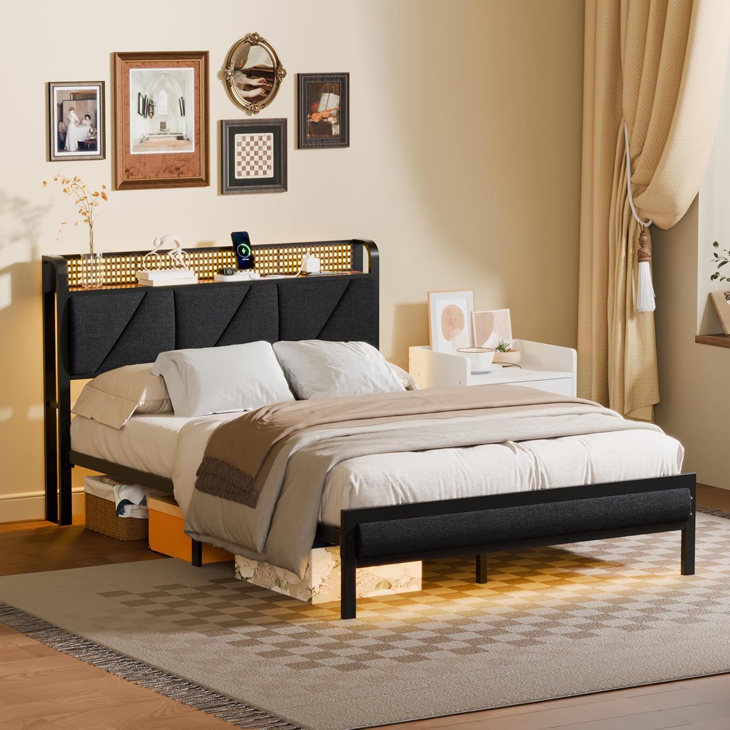 Furnulem Full Size Bed Frame with Headboard and Storage Shelf, LED Light and Charging Station, Metal Platform Bed with Heavy Duty Slats, No Box Spring Needed, Noise Free & Easy Assembly