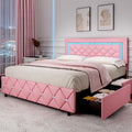 BarnFurin Queen Bed Frame with LED Lights, Upholstered Bed Frame with 4 Storage Drawers, Princess Platform Bed with Diamond Headboard and Footboard, No Box Spring Needed, Pink