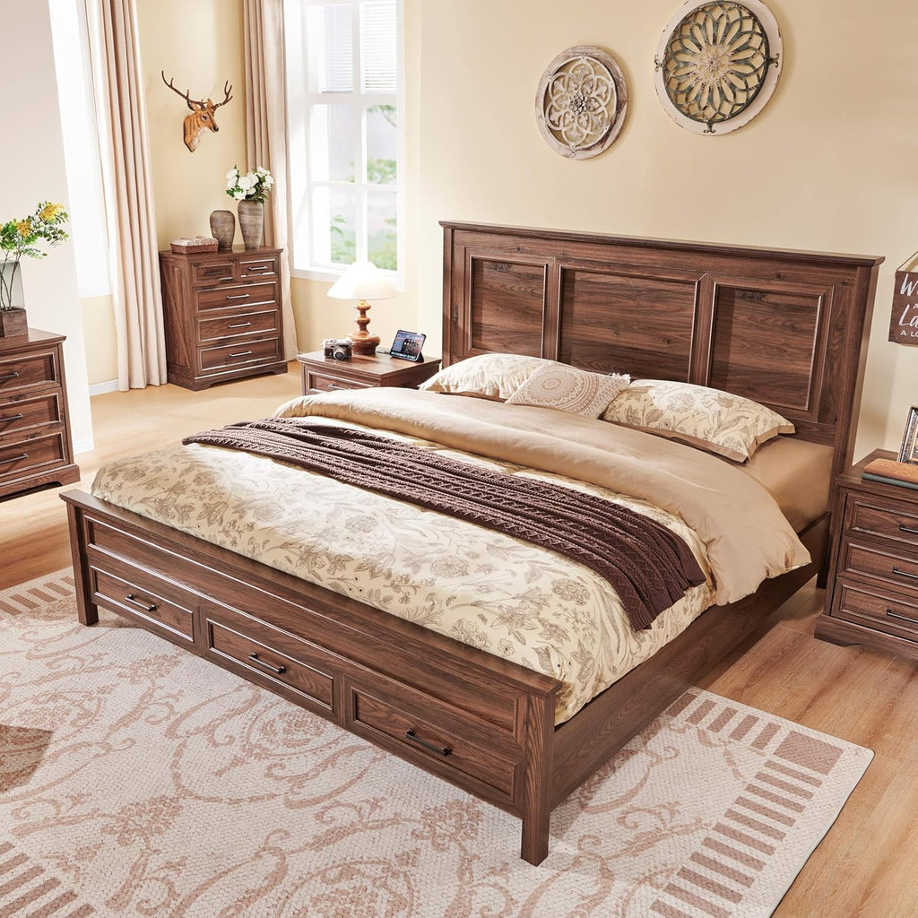 JXQTLINGMU Farmhouse Queen Wood Bed Frame with 52' Tall Headboard & 20' H Footboard, Platform Bedframe with Hidden Storage Drawers, Noiseless, No Box Spring Required, Brown