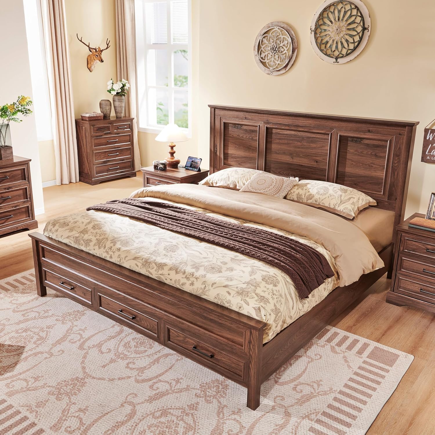 JXQTLINGMU Farmhouse Queen Wood Bed Frame with 52' Tall Headboard & 20' H Footboard, Platform Bedframe with Hidden Storage Drawers, Noiseless, No Box Spring Required, Brown