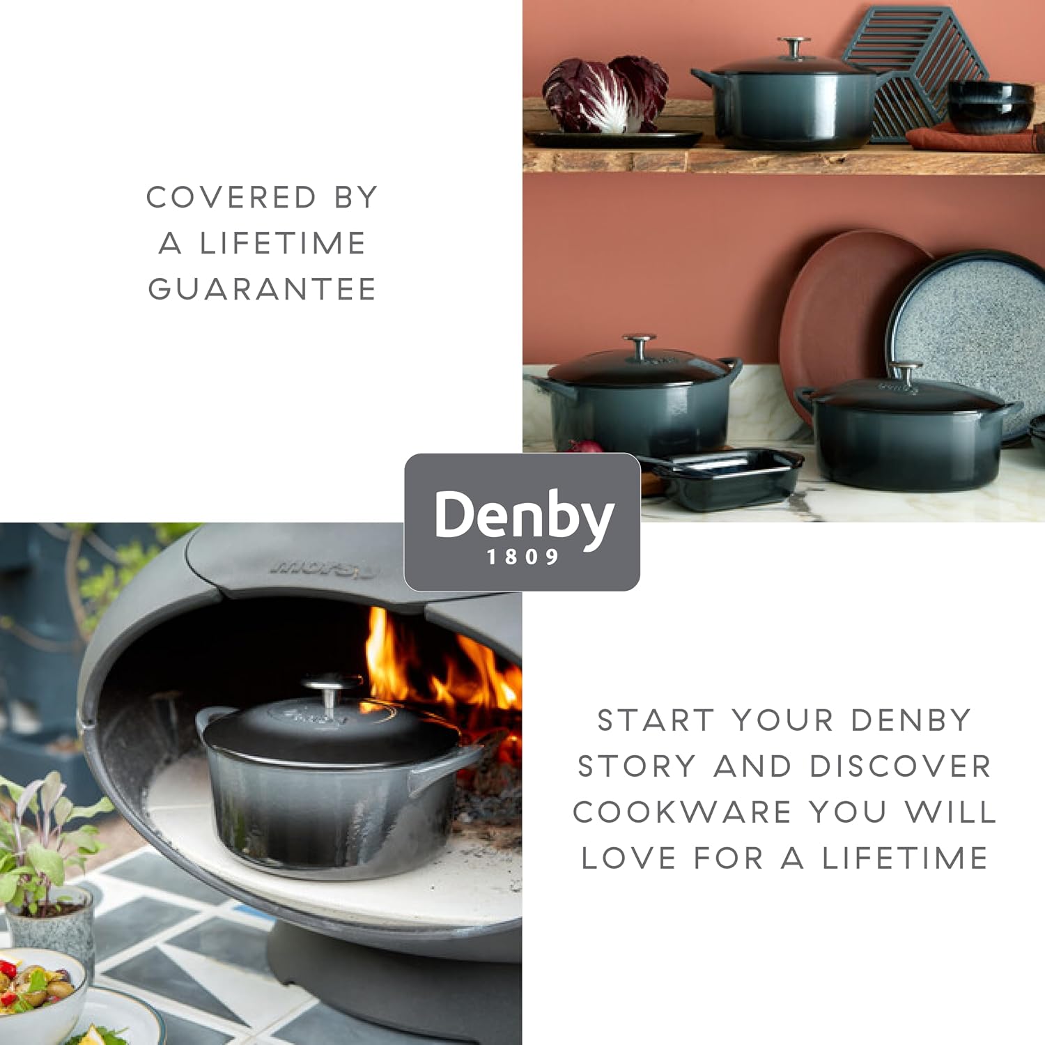 Denby - Halo Black Cast Iron Casserole Dish - Dutch Oven, Round Oven Safe Pot, Enamelled - 5.4L Capacity, 10in - Serves 6 People