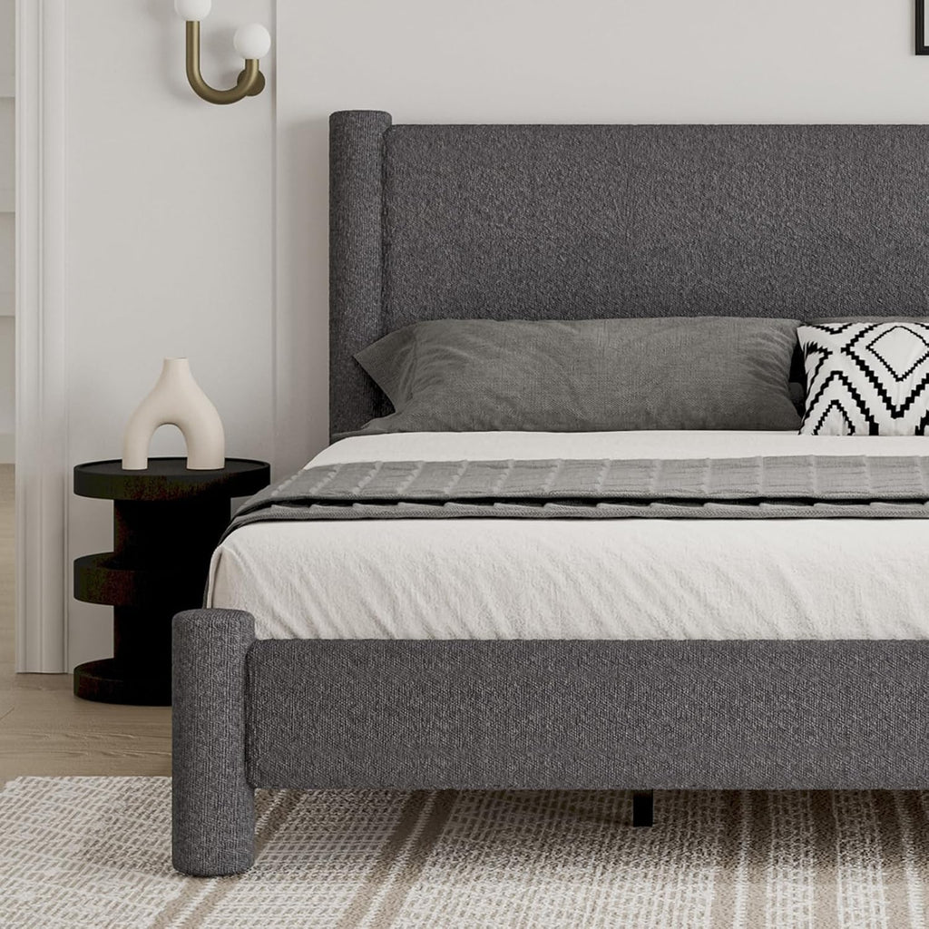 REVOMINCA Twin Size Bed Frame, Boucle Upholstered Platform Bed with Headboard and Footboard, Soft Rounded Corners, No Box Spring Required, Easy Assembly, Dark Grey