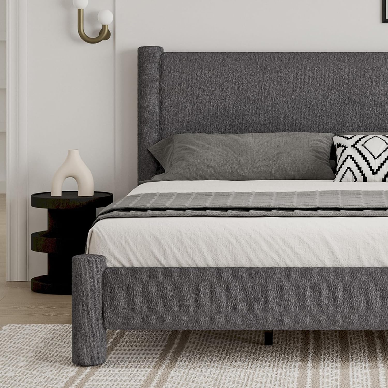 REVOMINCA Twin Size Bed Frame, Boucle Upholstered Platform Bed with Headboard and Footboard, Soft Rounded Corners, No Box Spring Required, Easy Assembly, Dark Grey