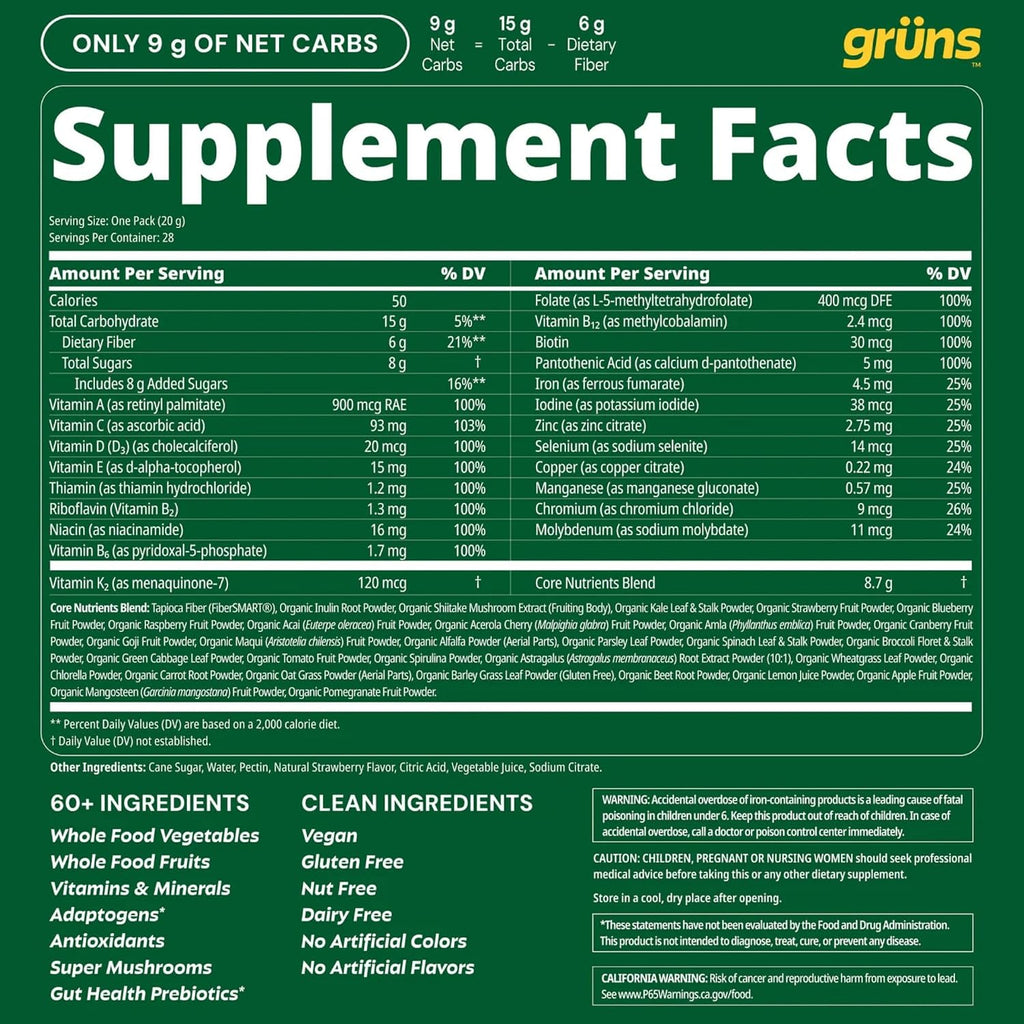 Gruns Adult Super Greens Multivitamin Gummies, Superfood Gummy Vitamins for Women and Men with Spirulina, Chlorella, Adaptogens & Prebiotic Fiber for Digestive Health (28 Count) (Pack of 2)