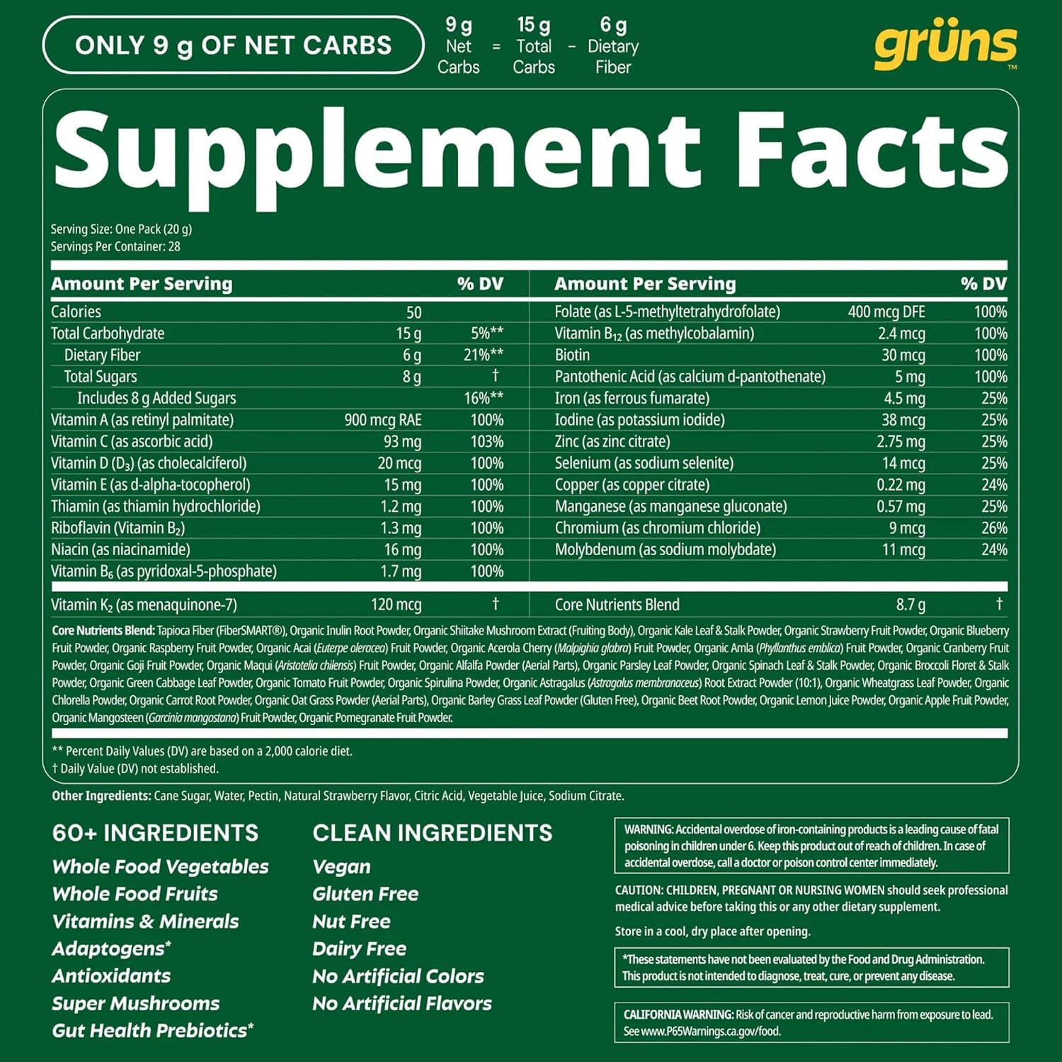 Gruns Adult Super Greens Multivitamin Gummies, Superfood Gummy Vitamins for Women and Men with Spirulina, Chlorella, Adaptogens & Prebiotic Fiber for Digestive Health (28 Count) (Pack of 2)