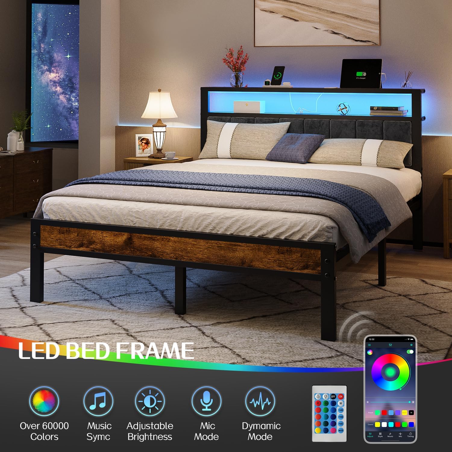Liians Queen Size Bed Frame with 2-Tier Storage Shelves Headboard, Platform Bed with Charging Station, LED Lights No Box Spring Needed Noise Free