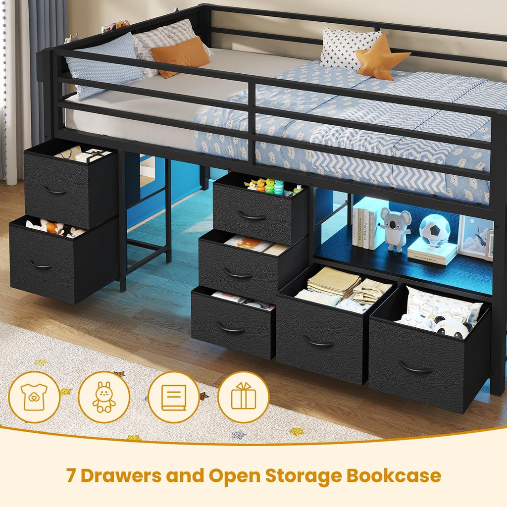 ADORNEVE Low Loft Bed Twin Size with 7 Storage Drawers, Bookcase and LED Lights, Metal Kids Loft Bed with 14' H Safety Guardrail,Inclined Ladder and Play Curtain, Under-Bed Play Space, Black