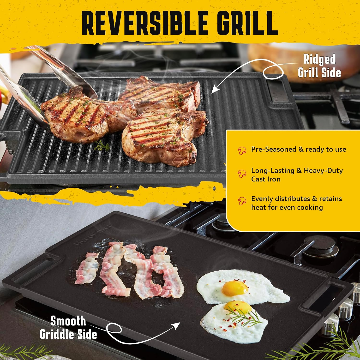 HeroFiber Cast Iron Reversible Grill/Griddle Set with Press, Scraper & Mitts - Pre-Seasoned, Non-Stick - 16.75'' x 9.5'' - Gas Stove, Grill, Camping, Outdoors, Black, OG7-18