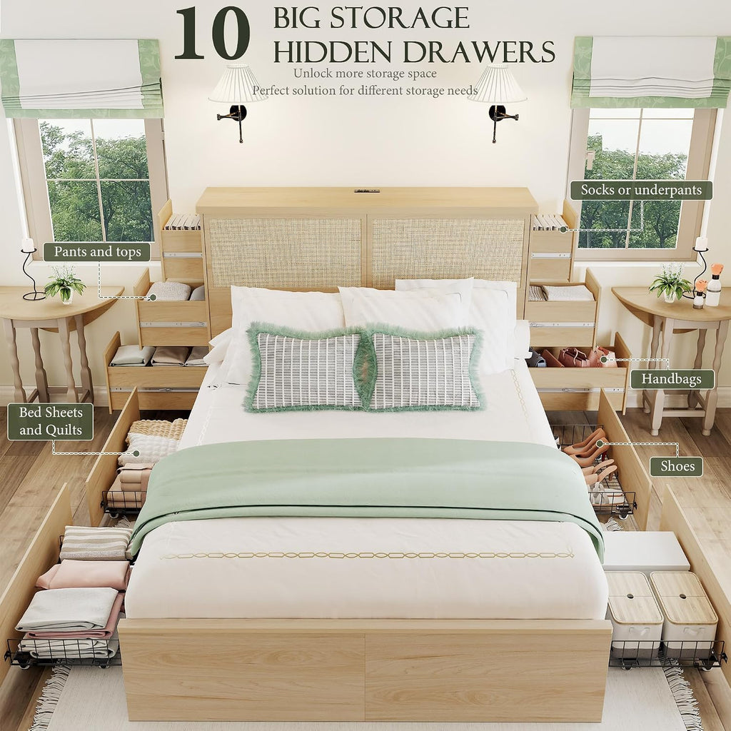 Yechen Natural Rattan Queen Bed Frame with Storage, 10 Drawers & Storage Headboard with Charging Station, Boho Rattan Wood Bed Frame with Metal Frame, Noise Free, No Box Spring Needed