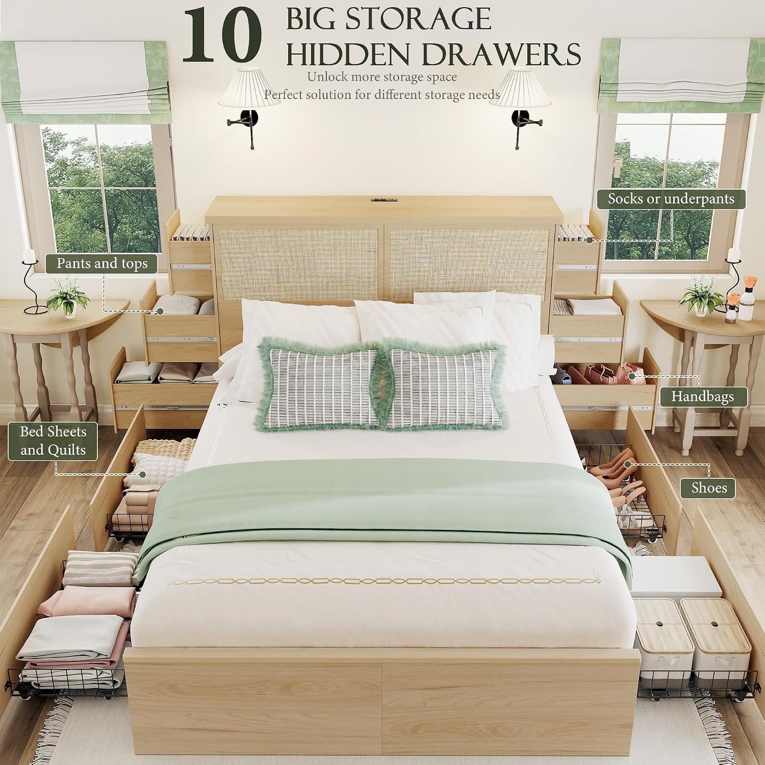 Yechen Natural Rattan Queen Bed Frame with Storage, 10 Drawers & Storage Headboard with Charging Station, Boho Rattan Wood Bed Frame with Metal Frame, Noise Free, No Box Spring Needed