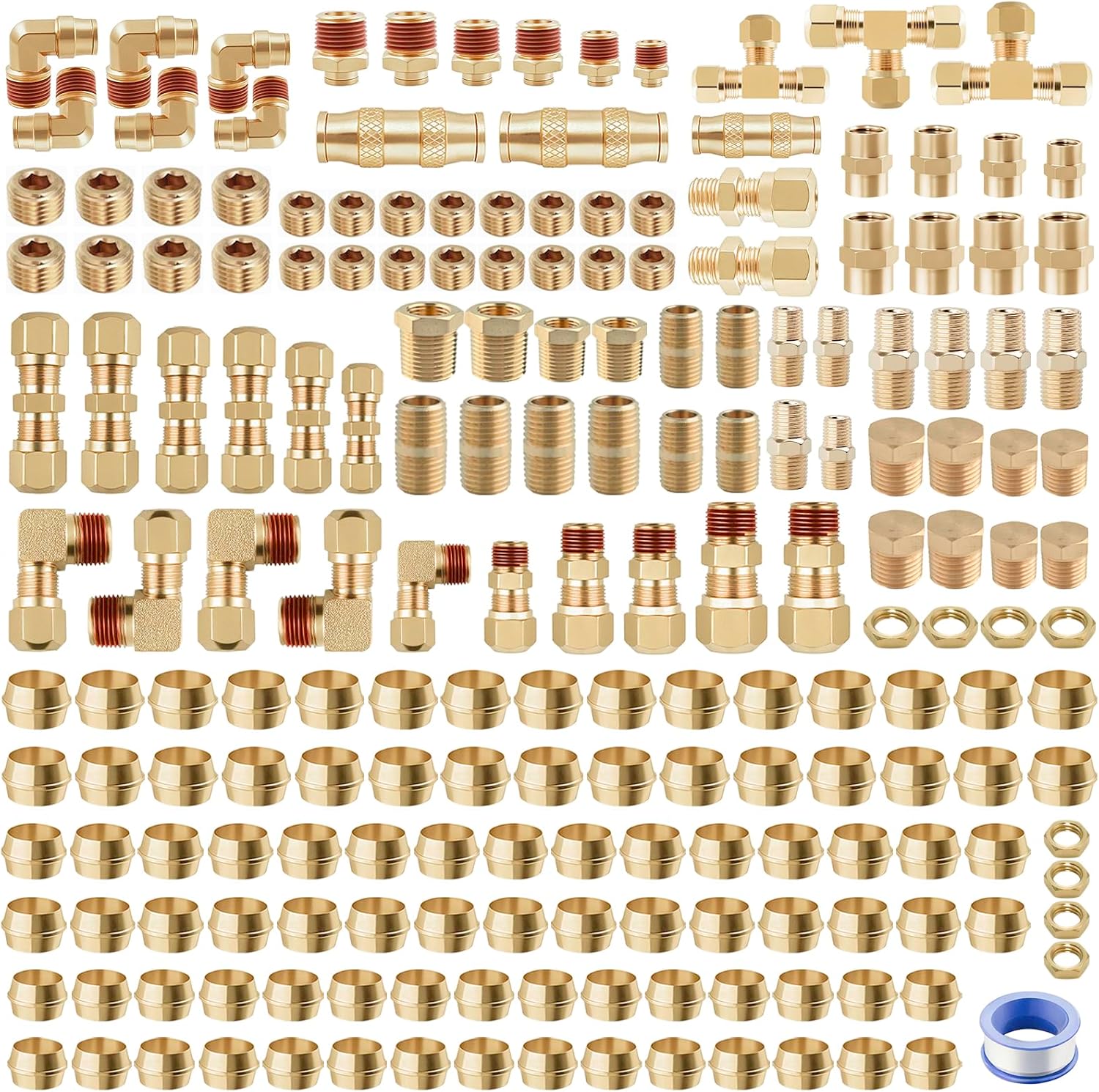 220Pcs Brass DOT Air Line Fittings Push Lock Air Fittings & Air Nylon Tube Compression Fittings Kits,1/4' 1/8' 3/8' 1/2' NPT Push To Connect Fittings Quick Connect Air Hose Fittings Assortment