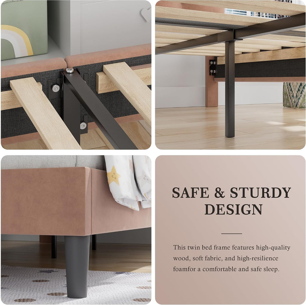 VECELO Twin Size Bed Frame with Upholstered Headboard, Heavy-Duty Bedframe with Wooden Slats & Steel Framework, Easy Assembly, Coffee