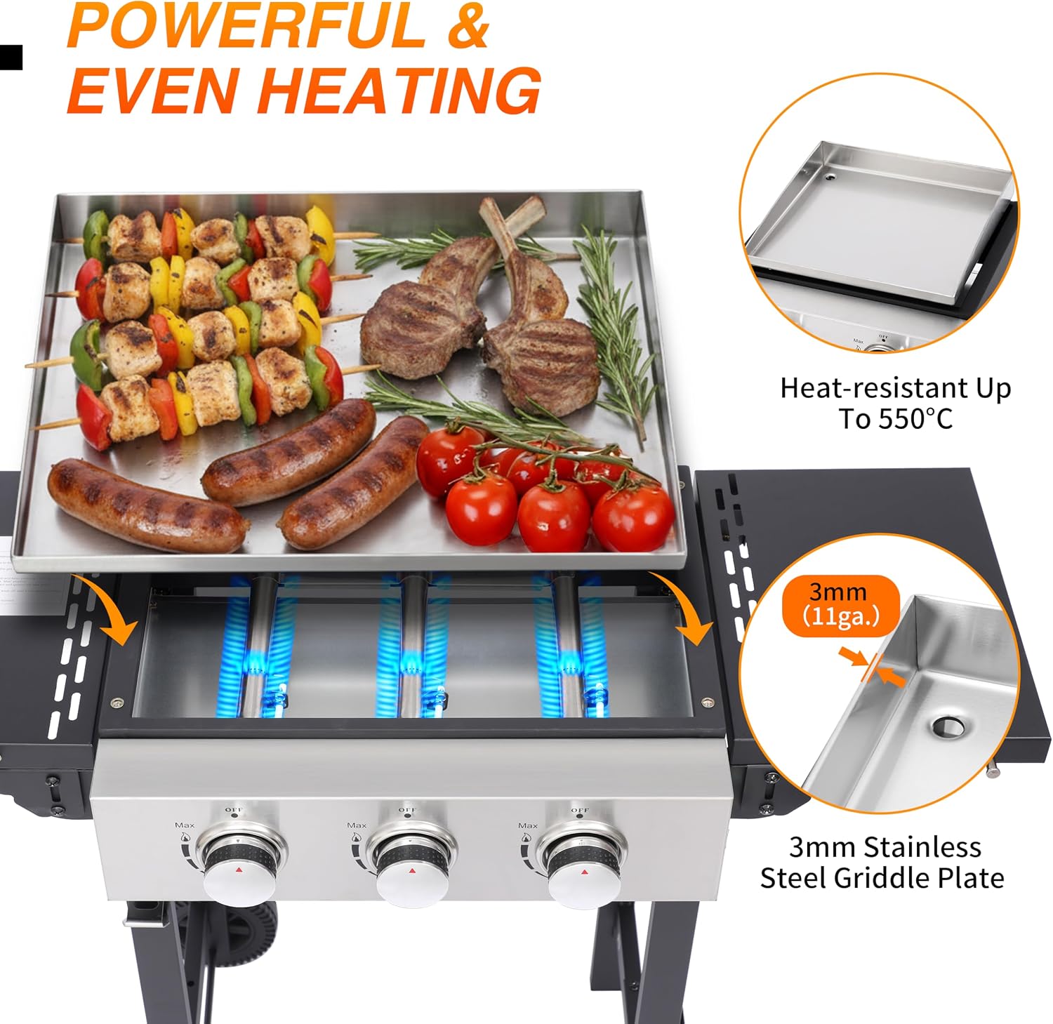 3 Burner Propane Flat Top Grill, 18 Inch Stainless Steel Griddle with Detachable Tabletop & Cart, BBQ Cooker with Side Shelf & 2 Wheels, 28,650 BTU, Dust Cover & Hose for Camping Tailgating