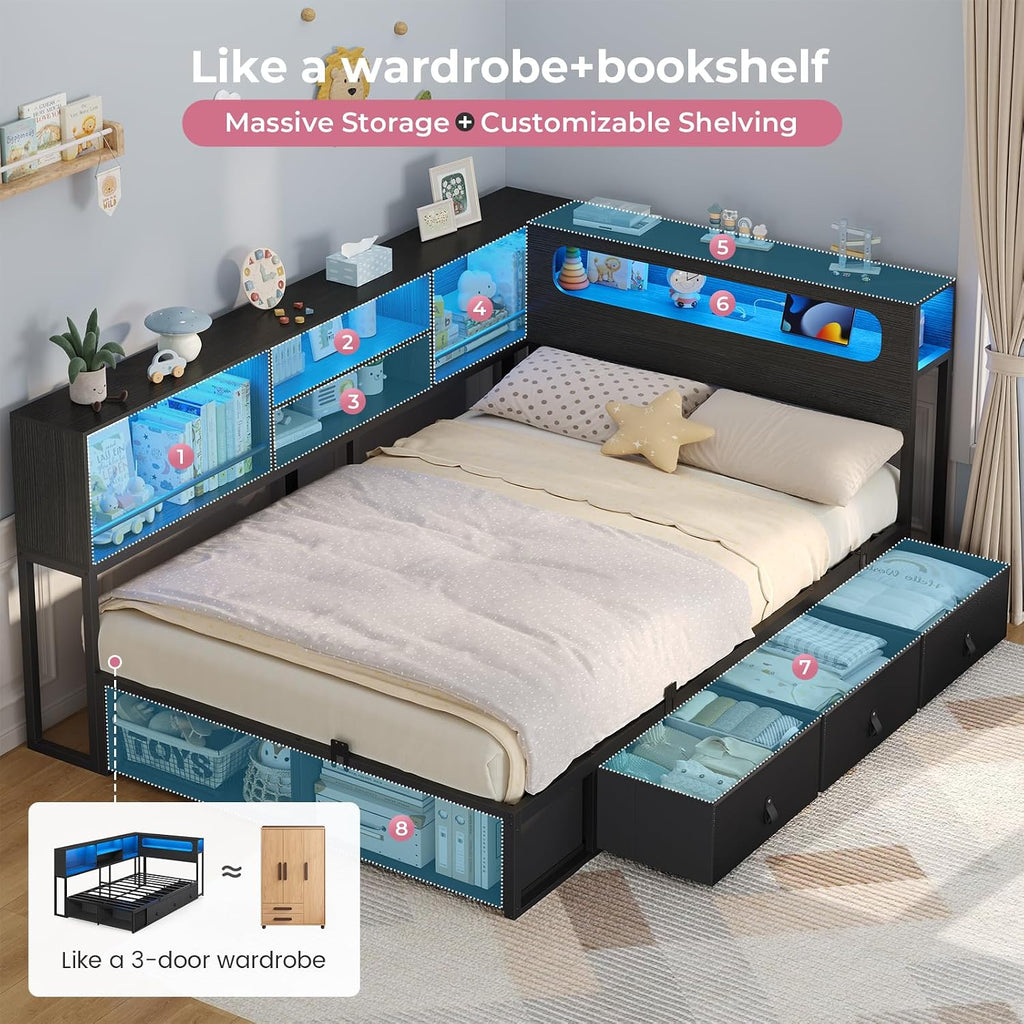 ADORNEVE Twin Corner Bed Frame with Storage Bookcase & LED Light Headboard, Charging Station, Metal Daybed with 3 Drawers & 2 Open Cubbies, for Small Bedrooms, Black