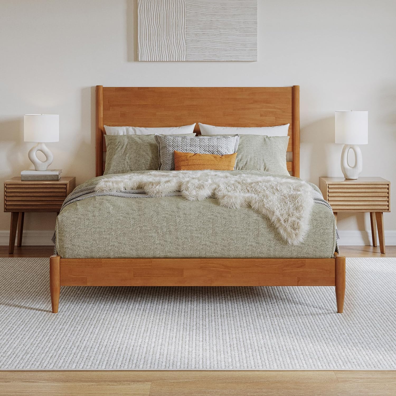 AFI, Pasadena Queen Solid Wood Low Profile Platform Bed, Light Toffee