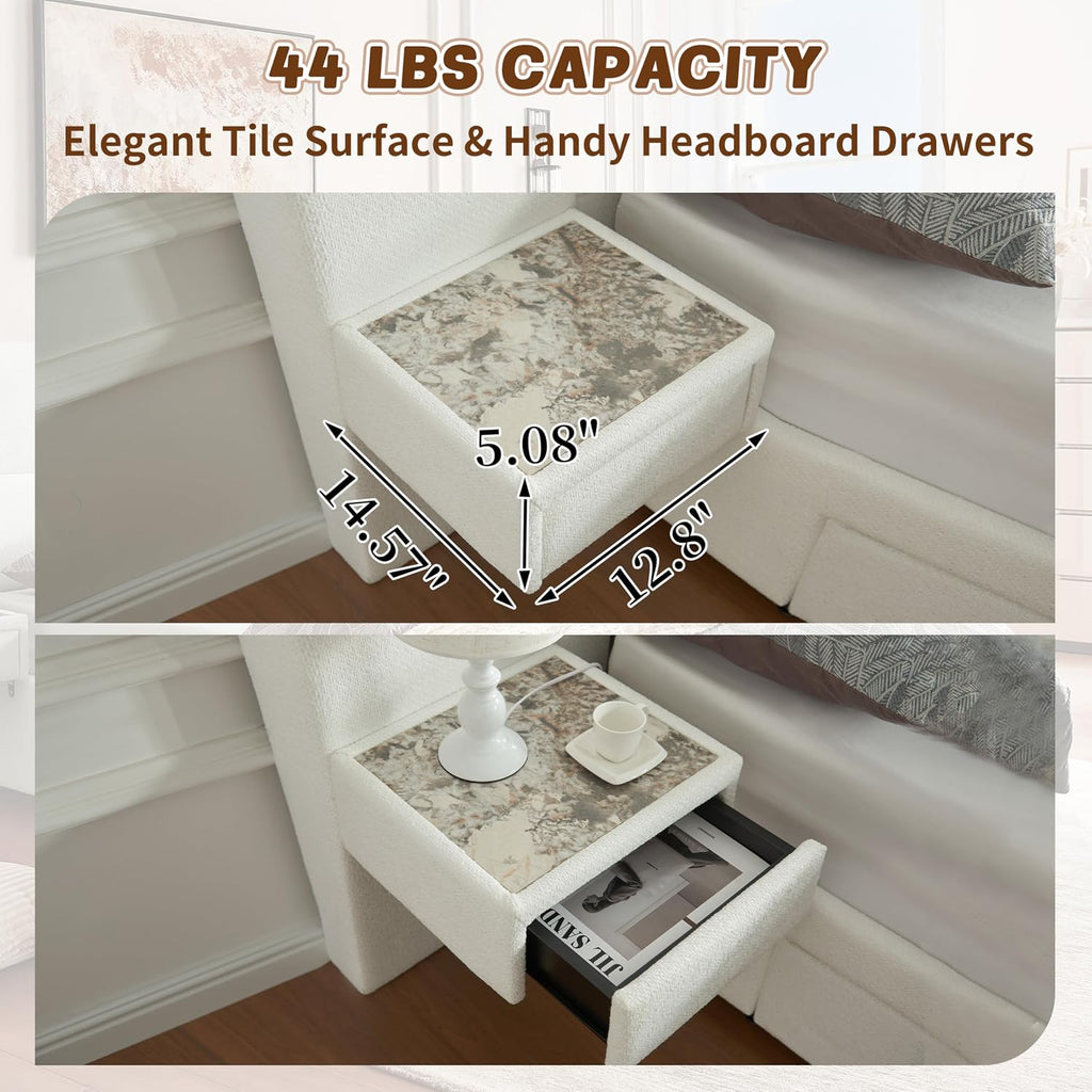 King Size Upholstered Platform Bed Frame with 2 Side Storage Drawers & Built-in Nightstands, Linen Headboard, Sturdy Metal Frame, Noise-Free, No Box Spring Needed, White