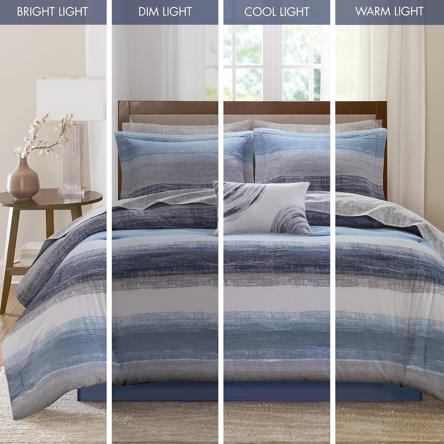 Madison Park Essentials King Comforter Set, Bed in a Bag, Watercolor Print Coastal Comforter & Chambray Cotton Sheet Set, All Season Bedding Set, Saben, Navy King (104 in x 92 in) 9 Piece