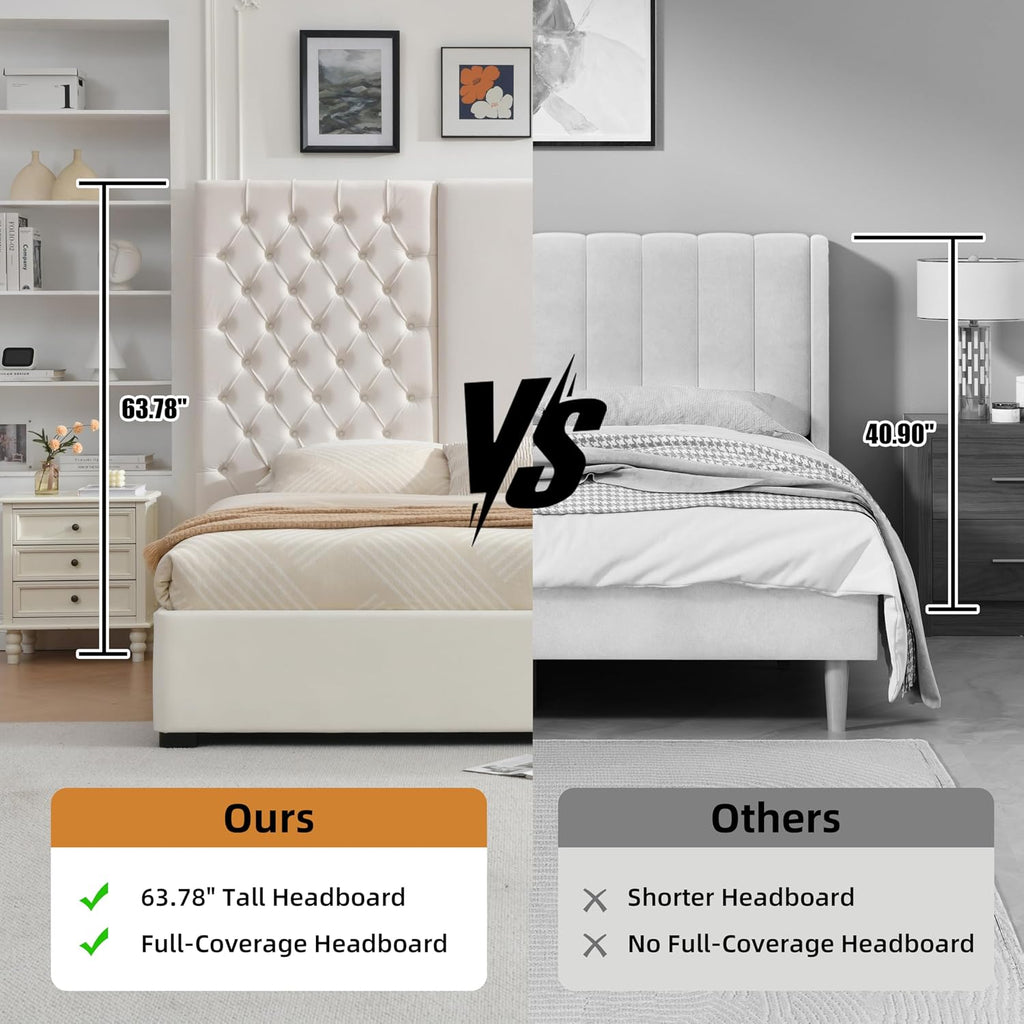King Size Bed Frame with 63' Tall Headboard, Velvet Fabric Upholstered Platform Bed with 2 Large Storage Drawers, Deep Button Tufted, Wooden Slats, Easy Assembly, No Box Spring Needed, Cream