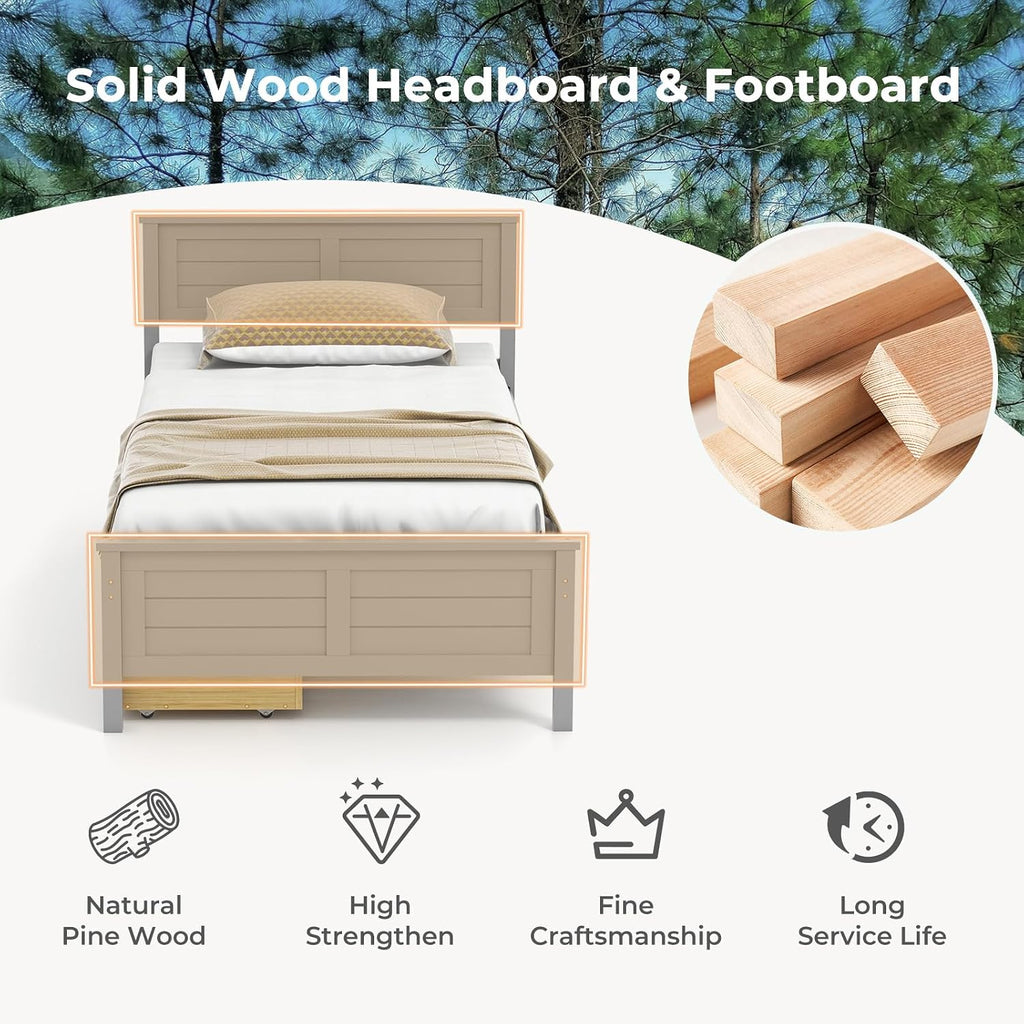 Giantex Wood Twin Bed with 2 Storage Drawers, Solid Wood Platform Bed with Headboard, Wooden Slats Support Mattress Foundation, No Spring Needed, Twin Bed Frame for Kids, Teens, Adults, Grey