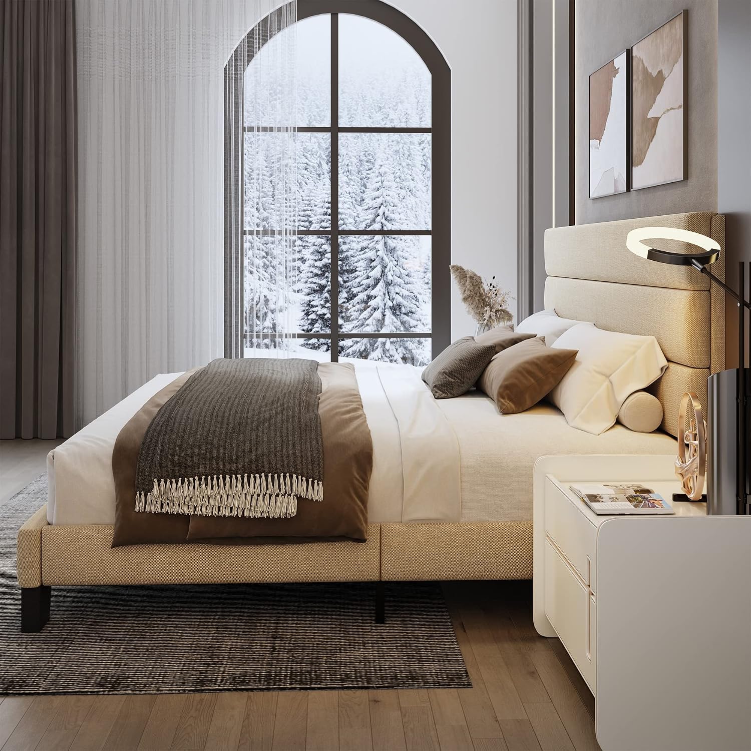 WEEWAY King Bed Frame Platform Bed with Linen Fabric Upholstered Headboard and Wooden Slats Support, Heavy Duty Mattress Foundation, No Box Spring Needed, Easy Assembly, Beige