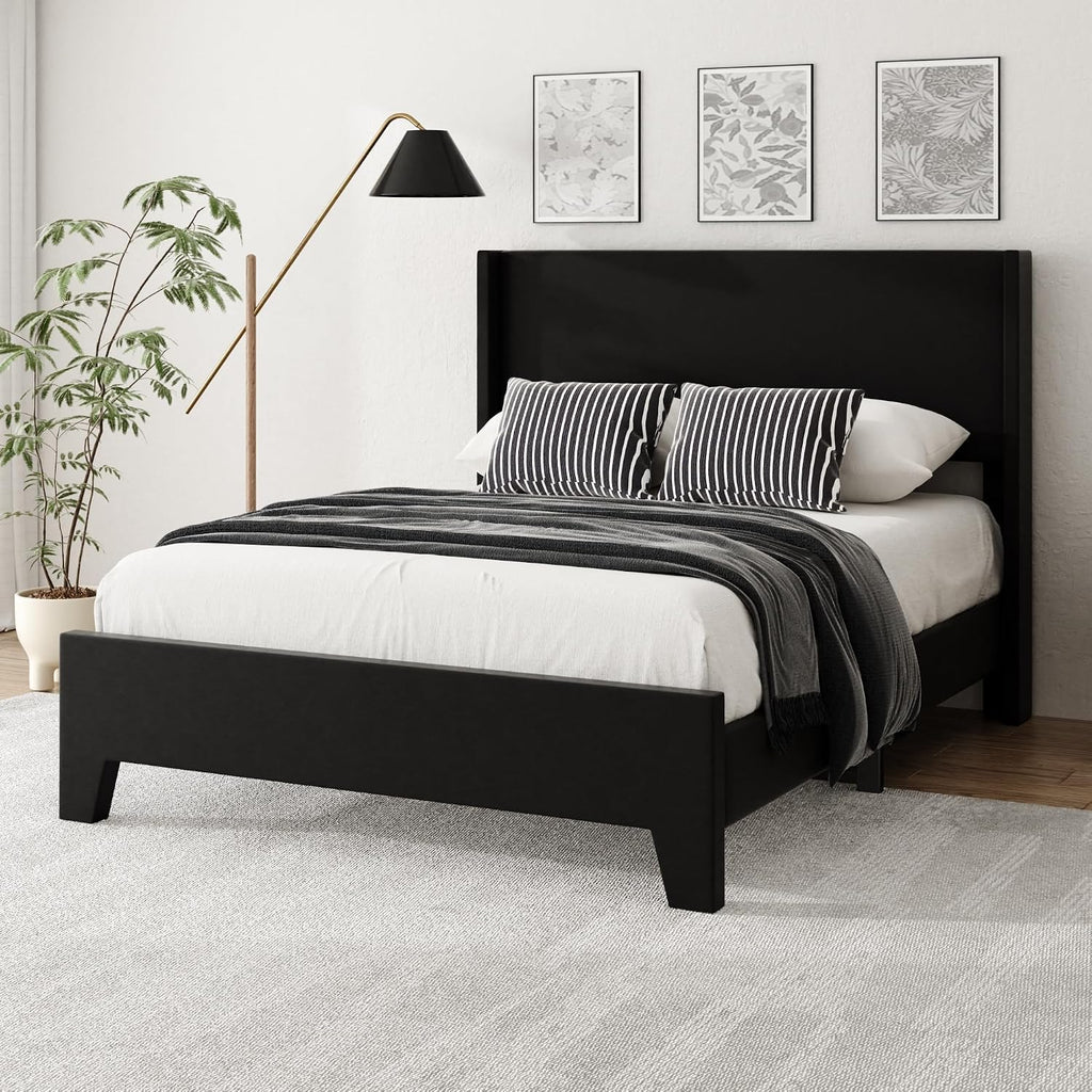Full Size Bed Frame with Faux Leather Upholstered Headboard, Wear-Resistant, Easy Clean, Mattress Foundation, No Box Spring Required, Easy Assembly, Black