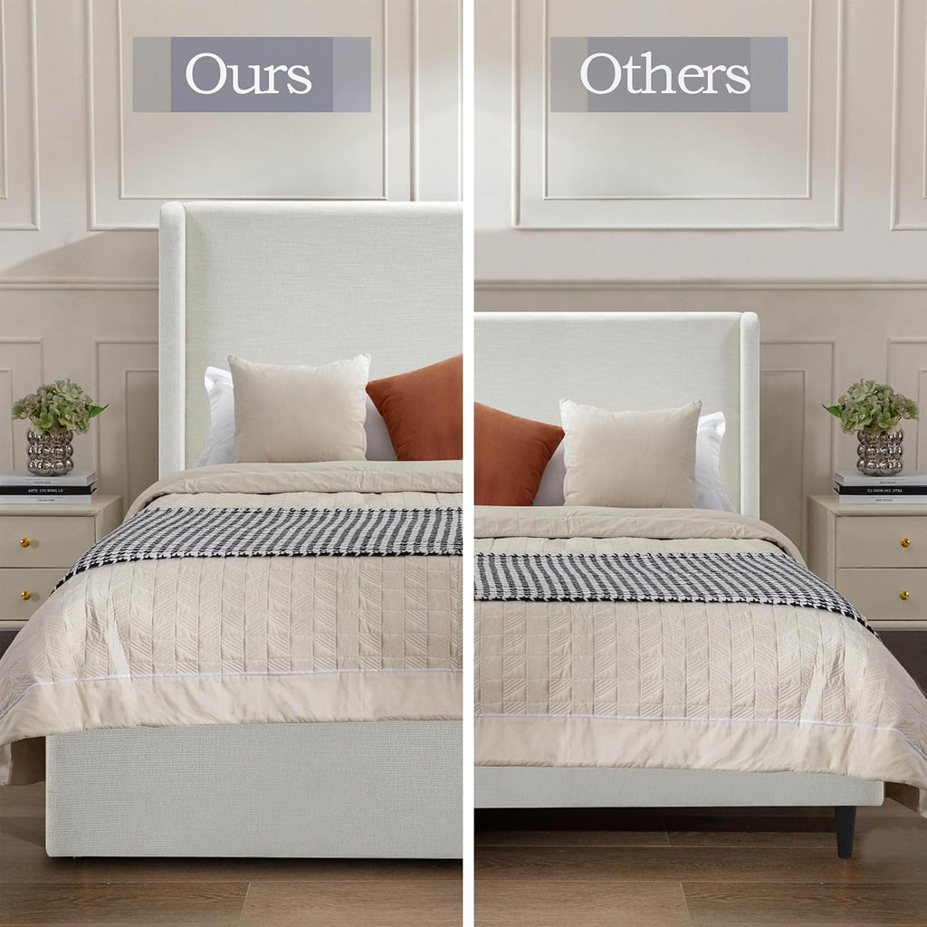 Full Size Upholstered Platform Bed Frame, 53.5' High Headboard Carmen Wingback Beds, Tall Headboard King Floor Bed Frames, No Box Spring Needed No Noise, Minimalist, Textured Ivory