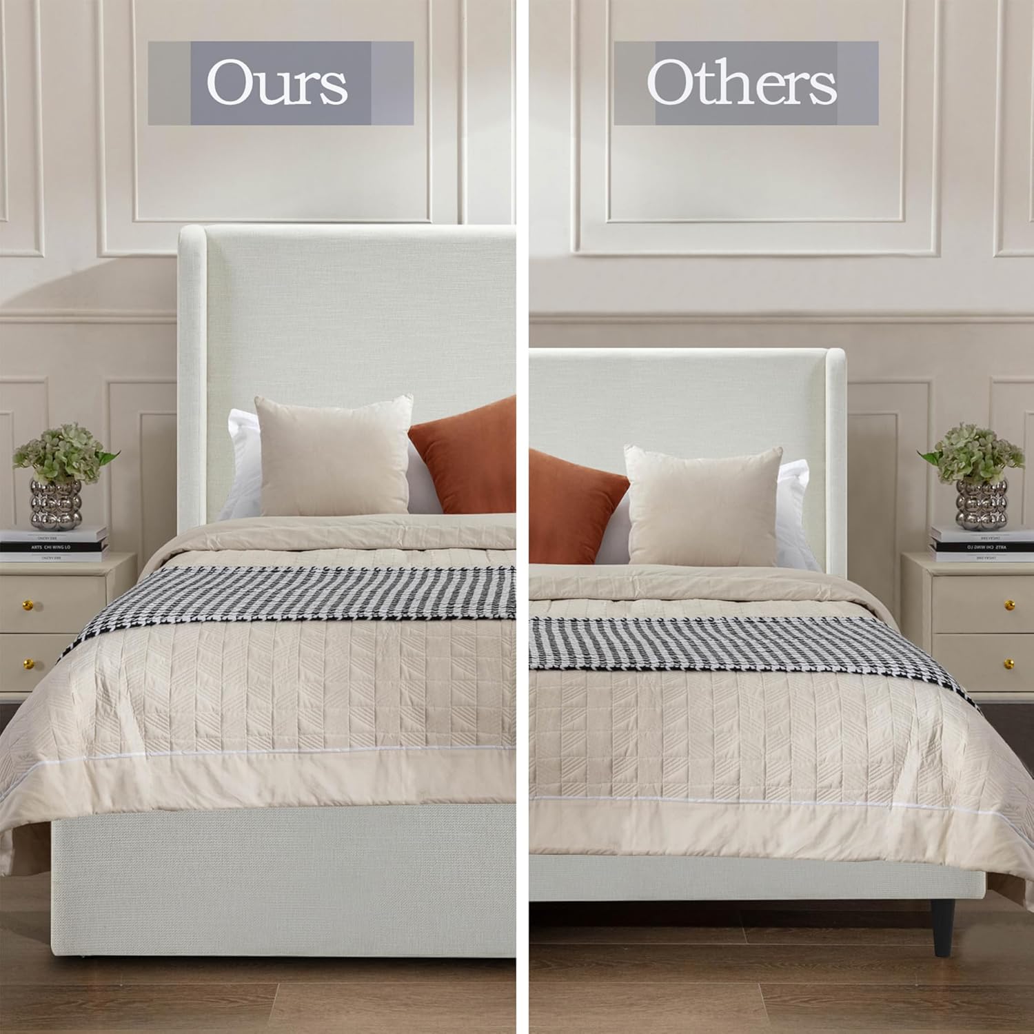 Queen Size Upholstered Platform Bed Frame, 54' High Headboard Carmen Wingback Bed, Fully Upholstered Mattress Foundation, No Box Spring Needed No Noise, Minimalist, Textured Ivory