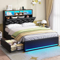 HAUOMS Twin Bed with 3-Tier Headboard & Hidden Storage, Upholstered LED Frame with 4 Drawers and Charging Station, Platform Metal Bed with Storage, No Box Spring Needed, PU Black