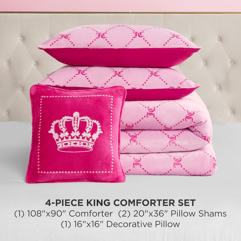 Juicy Couture Plush Reversible Trellis Link 4-Piece King Comforter Set with Decorative Pillow, Pink