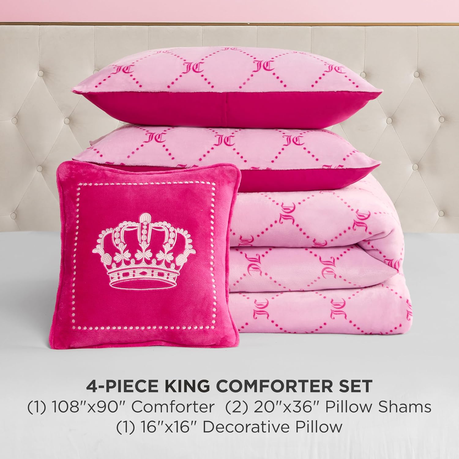 Juicy Couture Plush Reversible Trellis Link 4-Piece King Comforter Set with Decorative Pillow, Pink