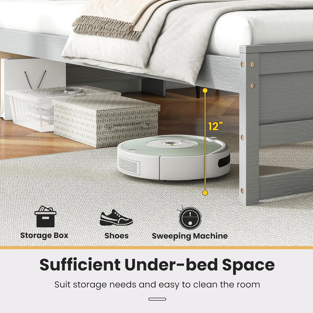 Giantex Twin Bed Frames with Storage Headboard, Wood Platform Bed with Charging Station & LED Light, Single Bed with Slats Support, Under-Bed Space, Twin Bed Frames for Kids Girls Boys (Grey)