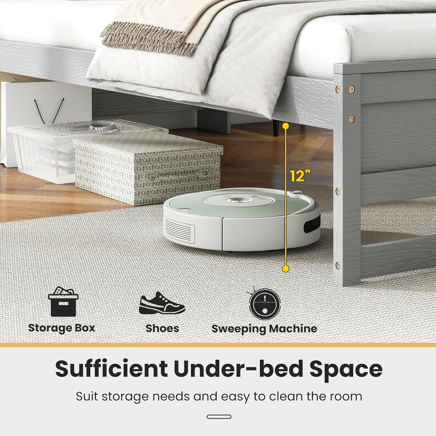 Giantex Twin Bed Frames with Storage Headboard, Wood Platform Bed with Charging Station & LED Light, Single Bed with Slats Support, Under-Bed Space, Twin Bed Frames for Kids Girls Boys (Grey)
