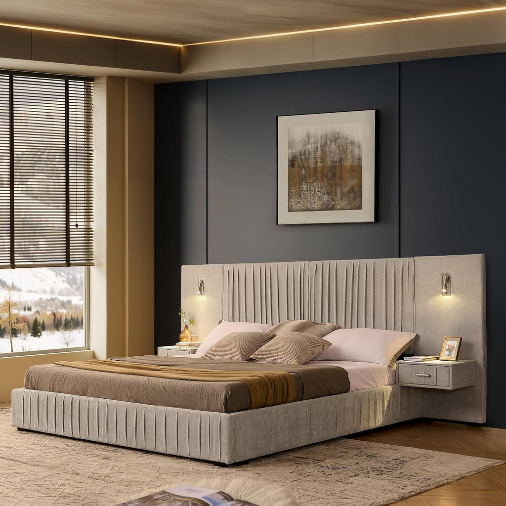 Chenille Upholstered King Size Bed Frame with Pleated Design, Integrated Headboard and Nightstands, Adjustable Bedside Lamps, No Box Spring Needed, Luxury Bedroom Furniture (Light Beige)