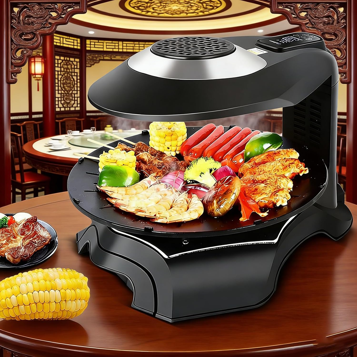 Electric Griddle with Removable Temperature Control，Electric Smokeless Indoor Grill Machine, 80-280°C Adjustable, 360° Automatic Rotation, Non-Stick, 1~80 Minutes, for Home, Dining Room