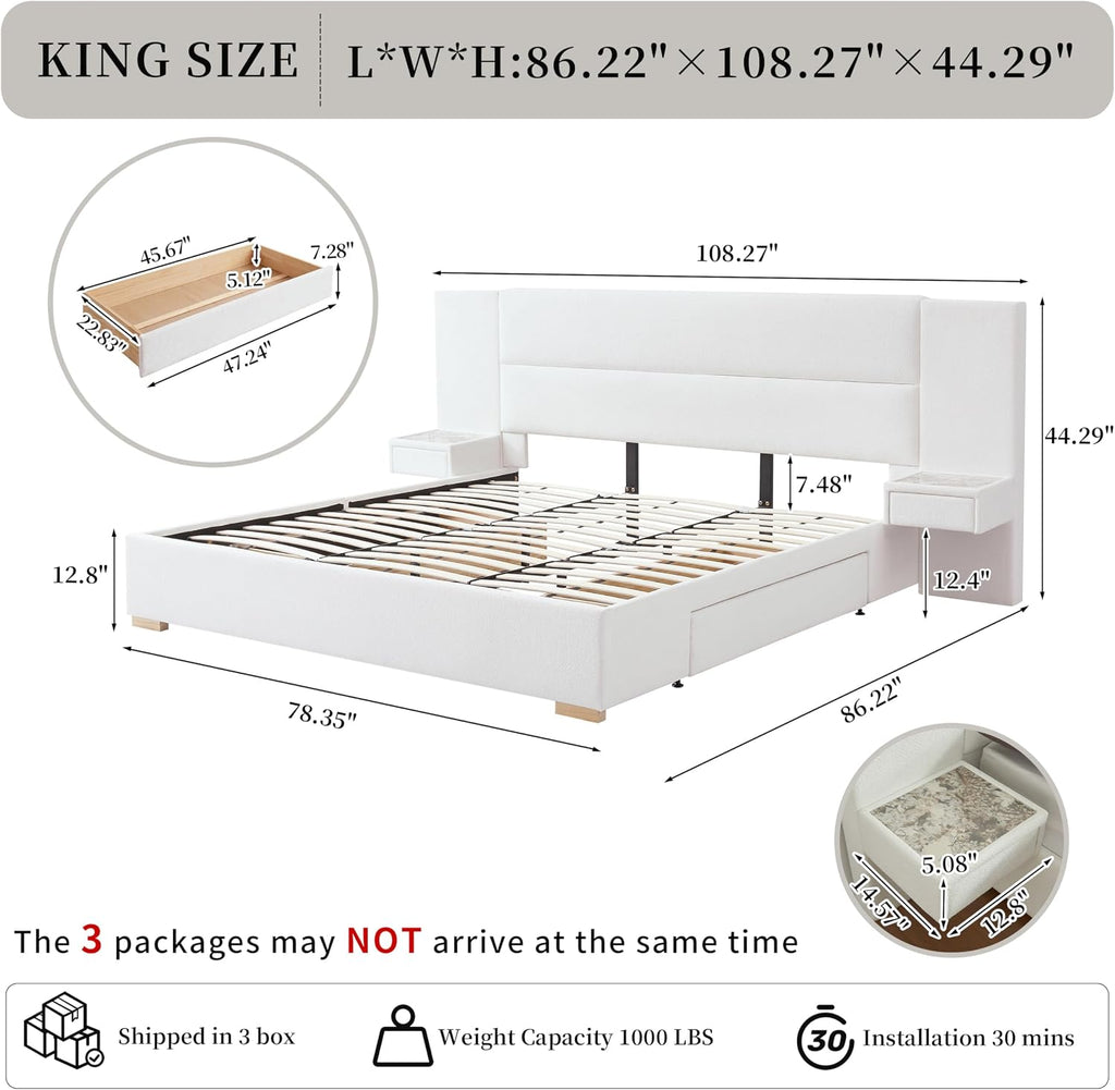 King Size Upholstered Platform Bed Frame with 2 Side Storage Drawers & Built-in Nightstands, Linen Headboard, Sturdy Metal Frame, Noise-Free, No Box Spring Needed, White