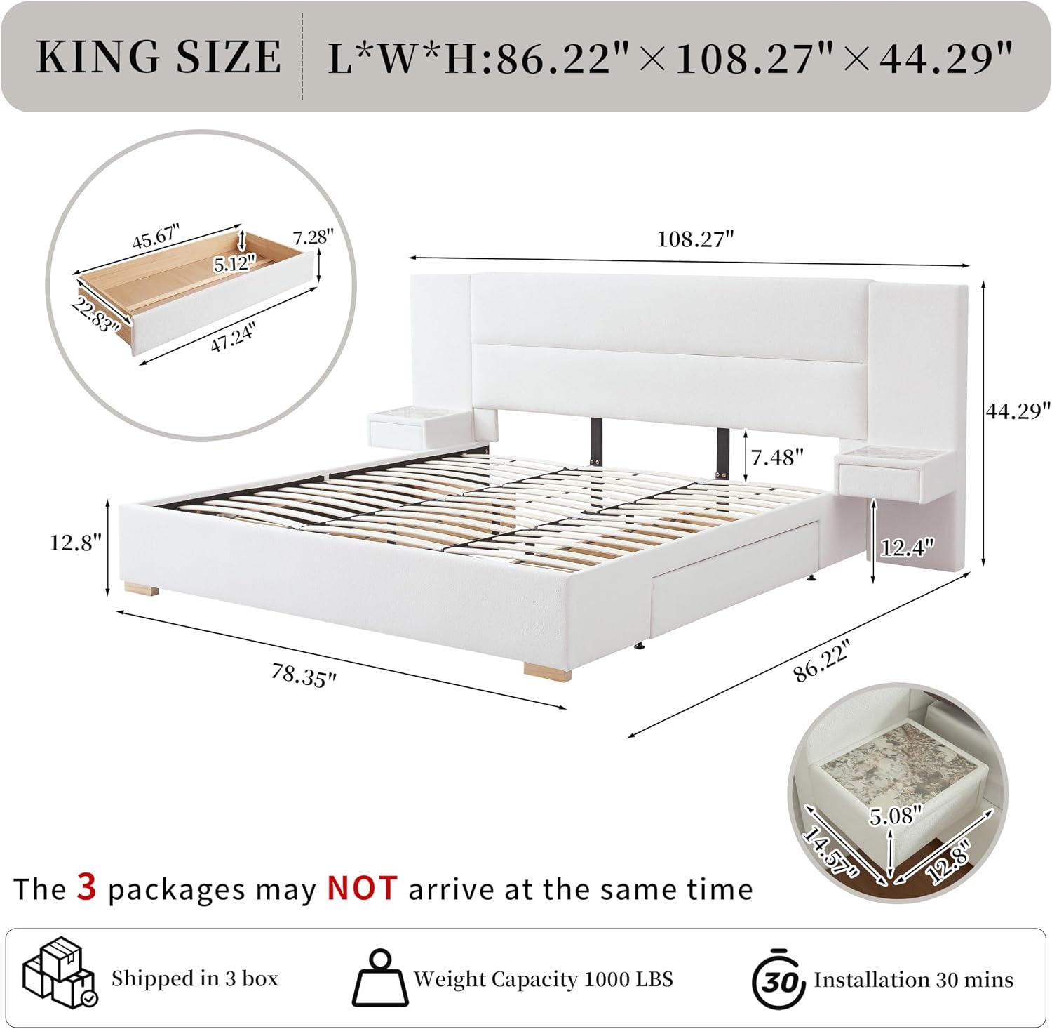 King Size Upholstered Platform Bed Frame with 2 Side Storage Drawers & Built-in Nightstands, Linen Headboard, Sturdy Metal Frame, Noise-Free, No Box Spring Needed, White