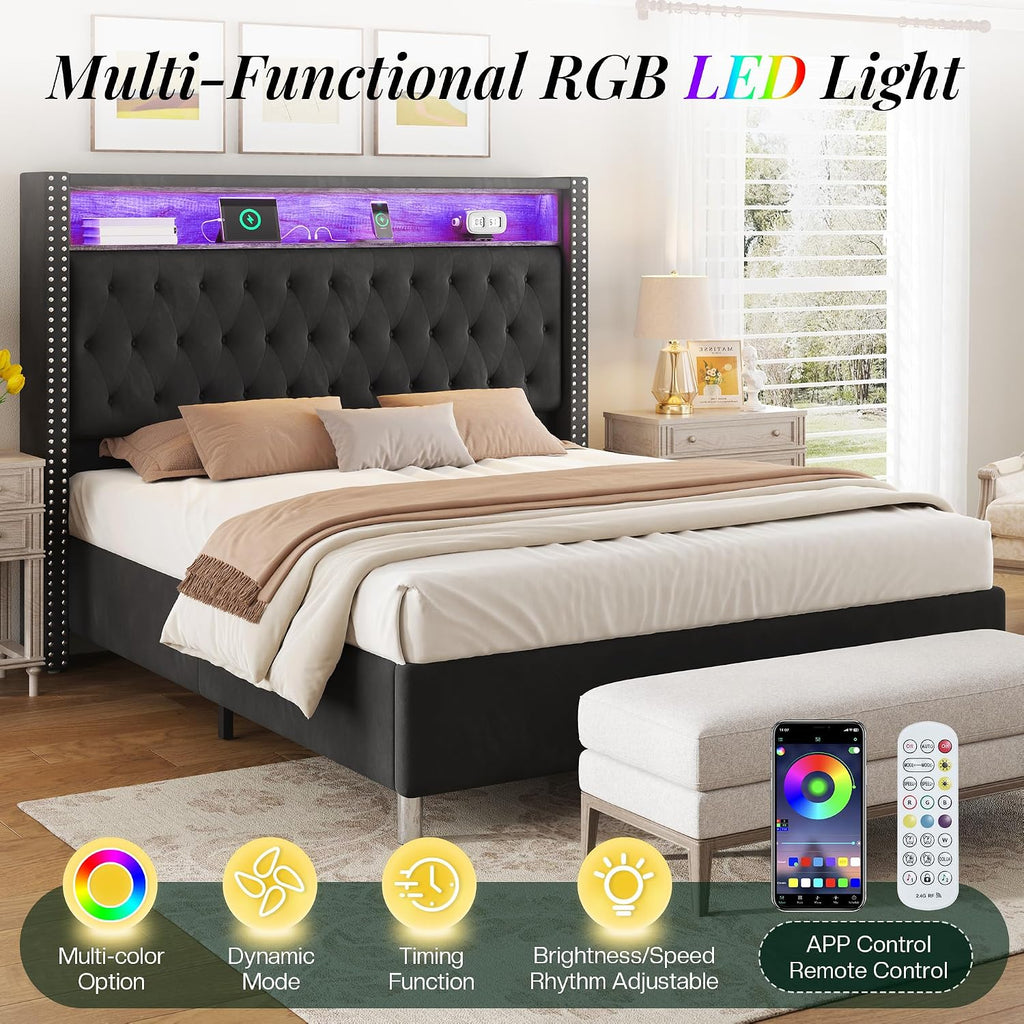 Jocisland 53.2'' King Size Bed Frame with Tall Storage Headboard, LED Lights & Charging Station, Velvet High Upholstered Button Tufted Wingback Platform Bed, No Box Spring Needed, Black