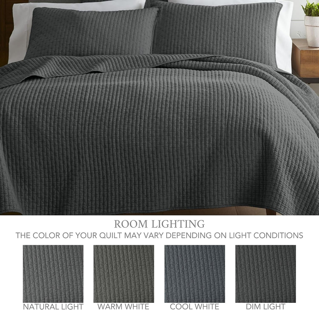 Levtex Home Cross Stitch Reversible King/Cal King Quilt Set (106x92in) and 2 Pillow Shams (36x20in) - Stitch Texture - Charcoal - Cotton King Size Quilt Bedding Set - Lightweight Soft Pre-Washed