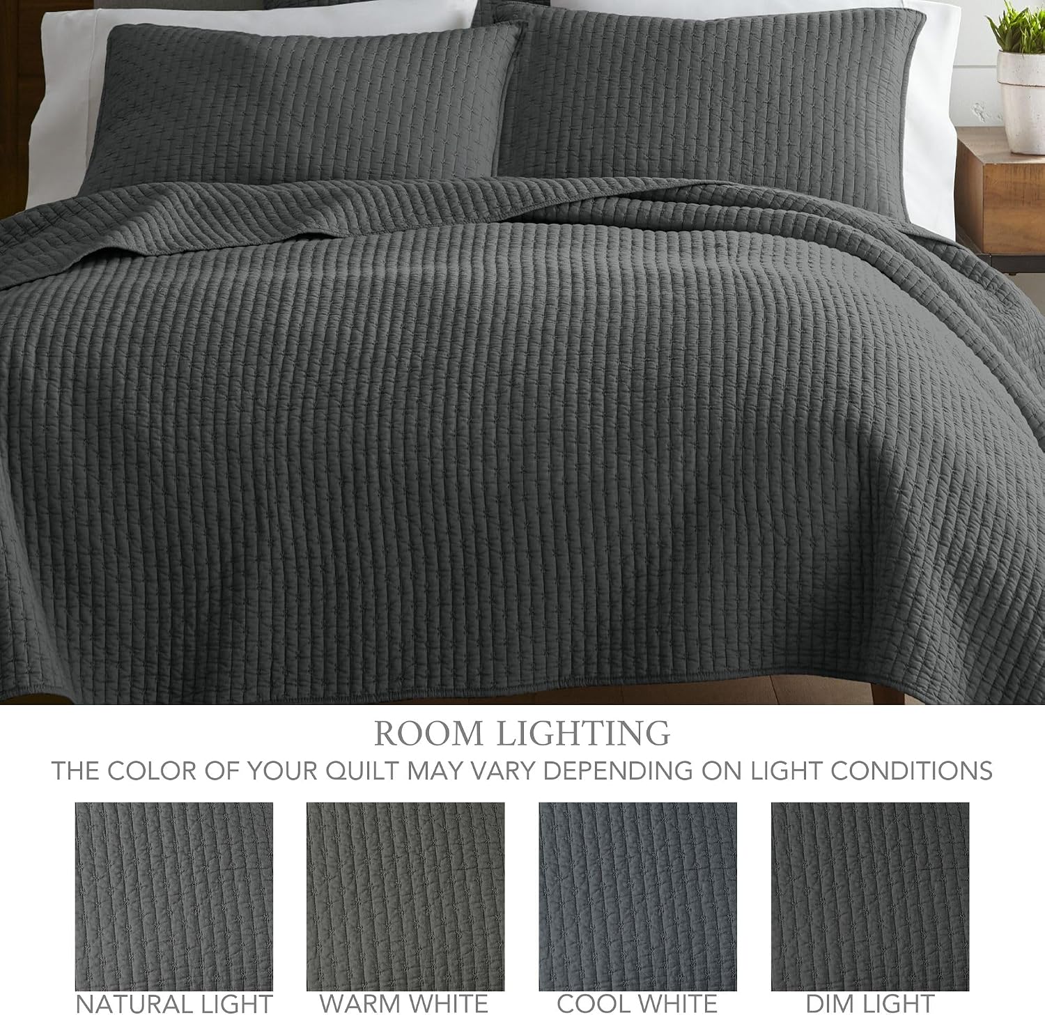 Levtex Home Cross Stitch Reversible King/Cal King Quilt Set (106x92in) and 2 Pillow Shams (36x20in) - Stitch Texture - Charcoal - Cotton King Size Quilt Bedding Set - Lightweight Soft Pre-Washed