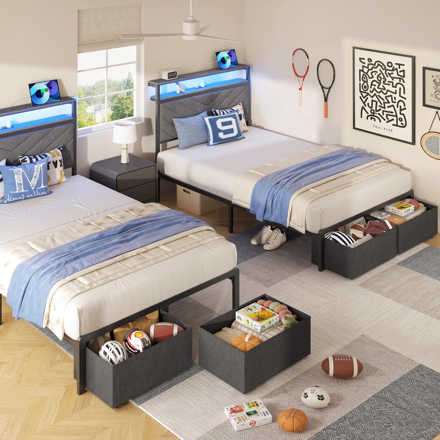 HISOFT Twin Bed Frame with Charging Station, LED Lights & 2 Storage Drawers, Grey Platform Bed with Upholstered Headboard, Under-Bed Storage, No Box Spring Needed, Easy Assembly, Strong Metal Support