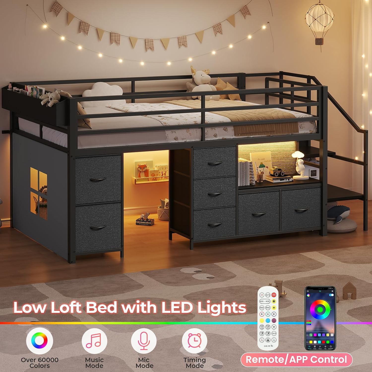 ADORNEVE Low Loft Bed Twin Size with Stairs,7 Drawers, Bookcase and LED Lights, Metal Kids Loft Bed with 14' H Safety Guardrail,Inclined Ladder and Play Curtain, Under-Bed Play Space, Black