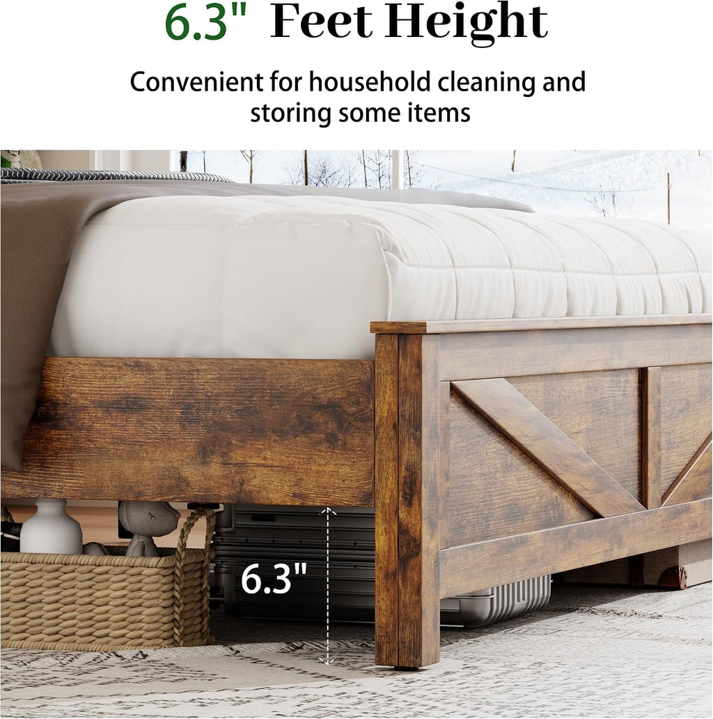 King Size Bed Frame with Headboard, Rustic Farmhouse Wood Bed Frame with LED Lights and Charging Station, Easy Assembly, No Box Spring Needed (Brown, King)