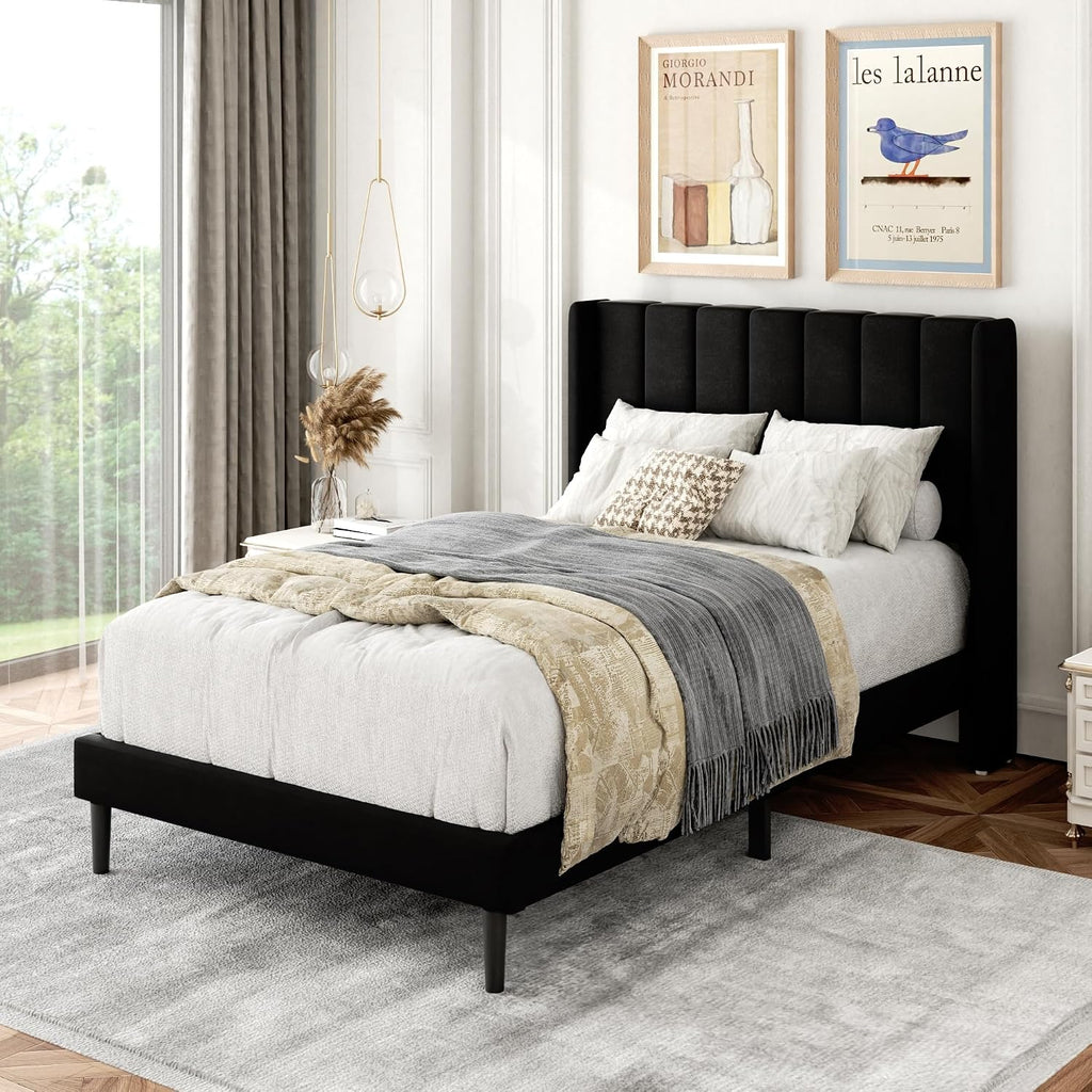 Gruwans Twin Size Bed Frame with Upholstered Wingback Headboard, Easy Assemnly Platform Bed, Wooden Slat Support No Box Spring Needed, Black