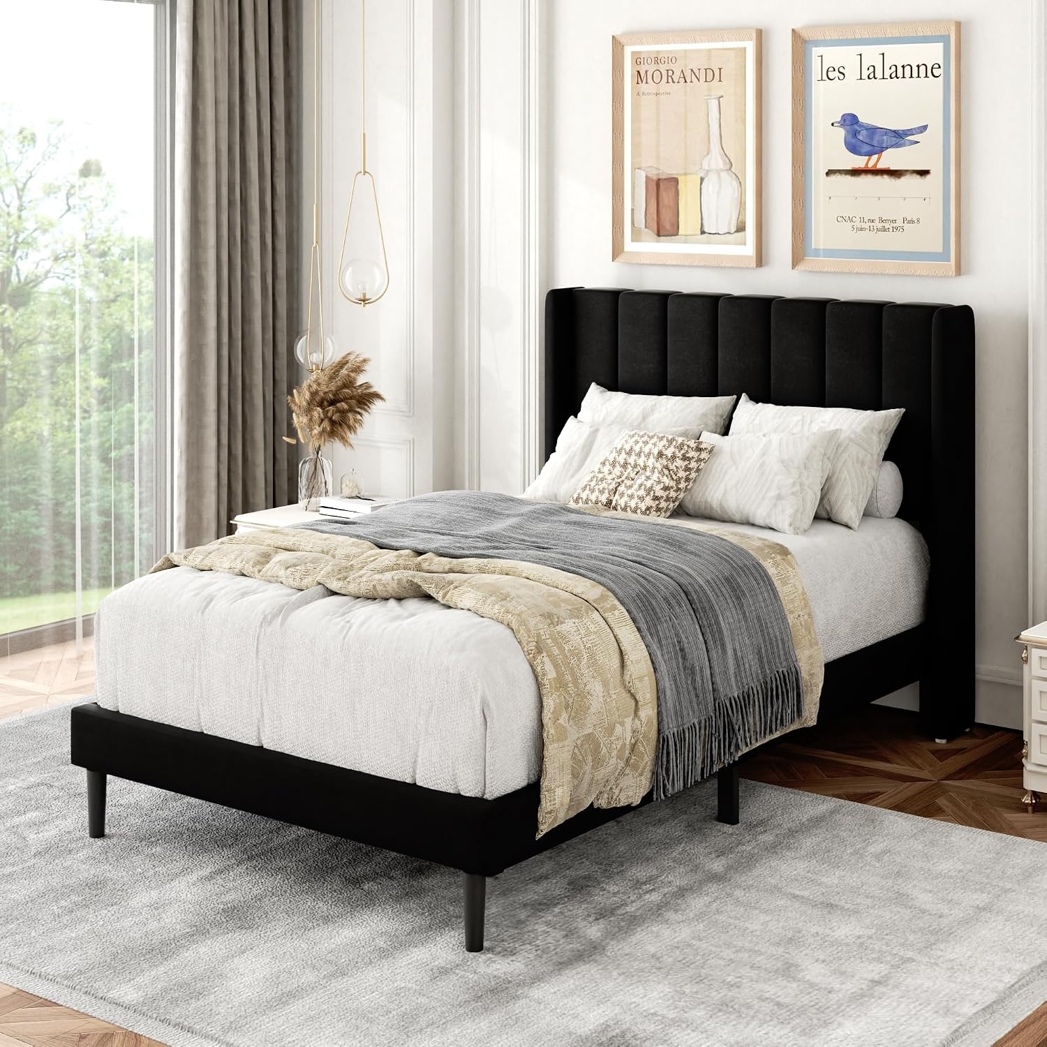 Gruwans Twin Size Bed Frame with Upholstered Wingback Headboard, Easy Assemnly Platform Bed, Wooden Slat Support No Box Spring Needed, Black