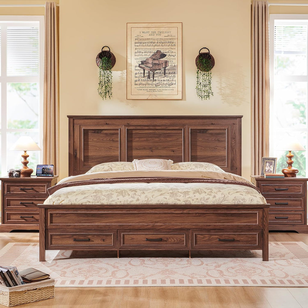 JXQTLINGMU Farmhouse Queen Wood Bed Frame with 52' Tall Headboard & 20' H Footboard, Platform Bedframe with Hidden Storage Drawers, Noiseless, No Box Spring Required, Brown