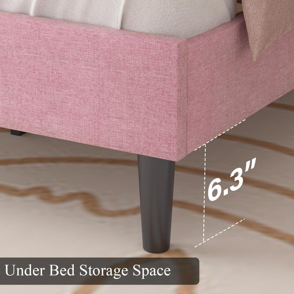 HOMBCK Full Bed Frame with Headboard, Linen Fabric Upholstered Bed Frame Full, Pink Bed Frame with Wood Slats, Button Tufted, No Box Spring Needed, Pink